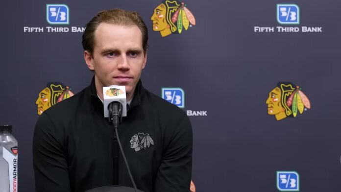Patrick Kane Blackhawks signing press conference Patrick Kane speaks at his Chicago Blackhawks signing press conference in July 2026
