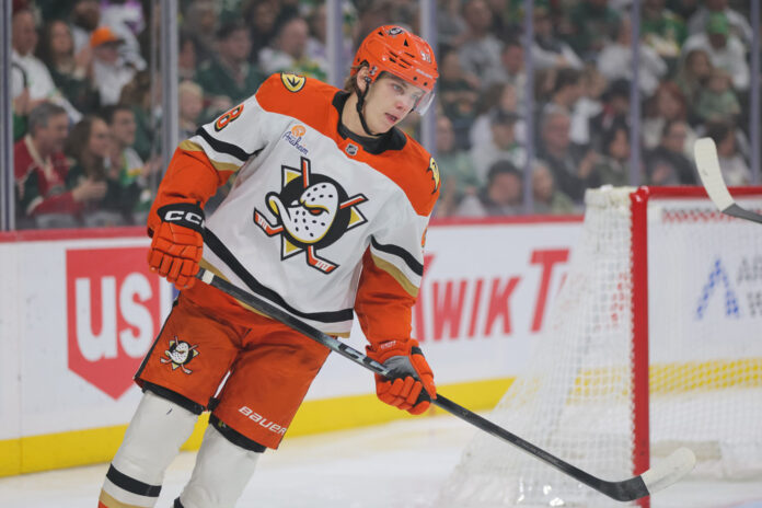 Pavel Mintyukov Anaheim Ducks offer sheet Anaheim Ducks defenseman Pavel Mintyukov skates during an NHL game, offer sheet target