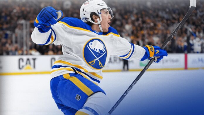 peyton-krebs-sabres-extension-2026 Peyton Krebs celebrates a goal for the Buffalo Sabres before signing a four-year contract extension