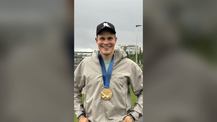 Jesse Puljujarvi replacement gold medal 2026 Jesse Puljujarvi wearing his replacement 2026 IIHF World Championship gold medal in Oulu, Finland