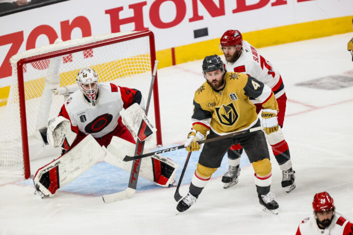 NHL: JUN 14 Stanley Cup Final Hurricanes at Golden Knights Rasmus Andersson Vegas Golden Knights defenseman during the 2026 Stanley Cup Final