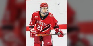 Ducks Sign Sean Farrell One Day After Trading for Him Sean Farrell skates during a Harvard Crimson game before signing with the Anaheim Ducks
