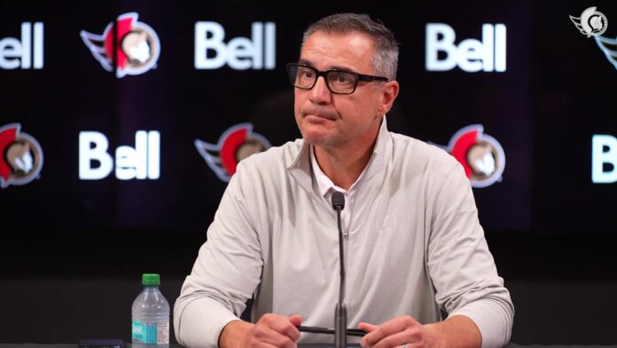 steve-staios-senators-batherson-extension Ottawa Senators general manager Steve Staios speaks at a media availability about the Drake Batherson extension and the team scoring