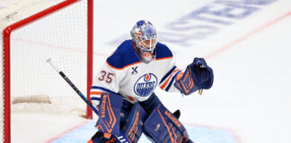 Tristan Jarry Mask: Tom and Jerry Mischief for the Oilers Edmonton Oilers goalie Tristan Jarry in goal during the 2026 Stanley Cup Playoffs