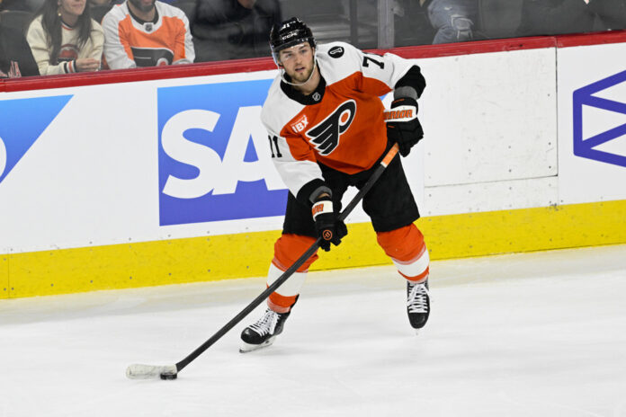 NHL: MAY 09 Playoffs Second Round Hurricanes at Flyers Tyson Foerster Philadelphia Flyers right wing skates with the puck