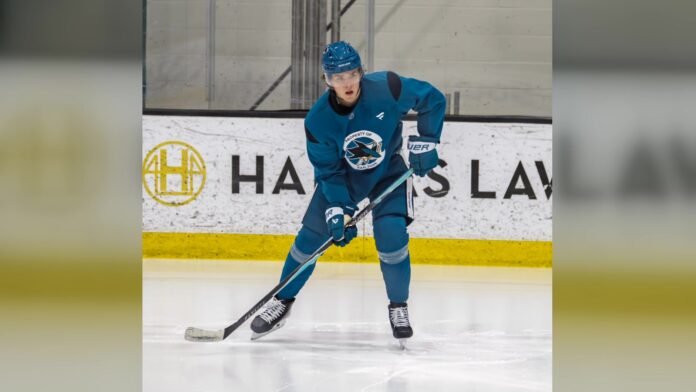Will Smith San Jose Sharks practice 2026 Will Smith skates with the puck at San Jose Sharks practice ahead of his contract extension talks
