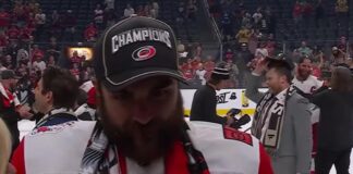 NHL 2026-27 Schedule: Canes Open vs Panthers Sept 29 William Carrier Carolina Hurricanes 2026 Stanley Cup champions hat on-ice celebration