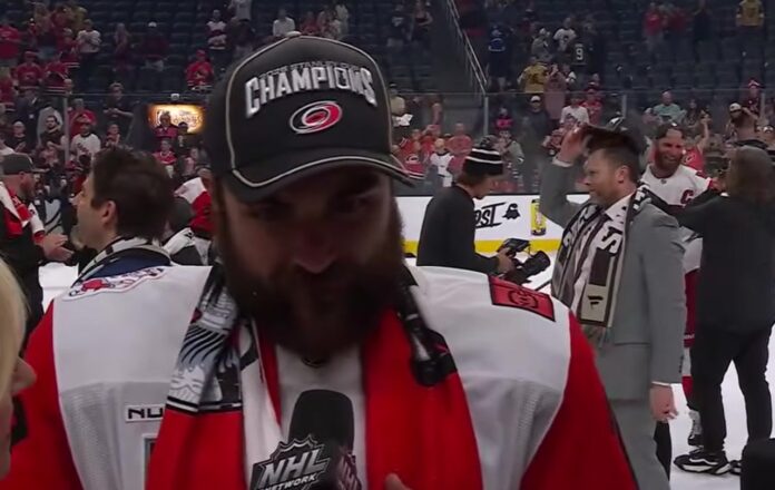 william-carrier-hurricanes-stanley-cup-2026 William Carrier Carolina Hurricanes 2026 Stanley Cup champions hat on-ice celebration