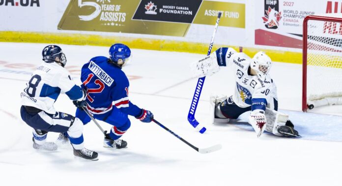 Ethan Wyttenbach USA Blue World Junior Summer Showcase 2026 Ethan Wyttenbach scores for USA Blue against Finland at the 2026 World Junior Summer Showcase in Windsor