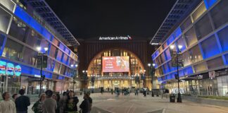 Stars Broadcast Move: Games Reportedly Headed to Prime Video American Airlines Center exterior with Dallas Stars fans arriving in Victory Park
