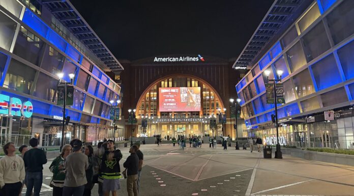 Stars Broadcast Move: Games Reportedly Headed to Prime Video American Airlines Center exterior with Dallas Stars fans arriving in Victory Park