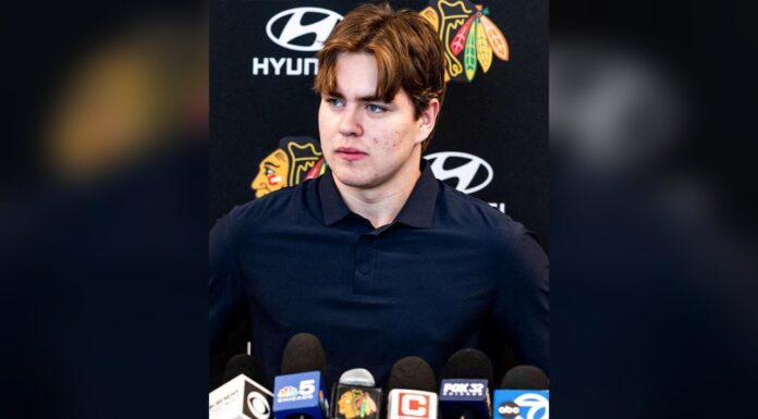 Prospect Pool Rankings 2026-27: Blackhawks Jump to No. 1 Anton Frondell speaks to reporters at Blackhawks end-of-season media availability