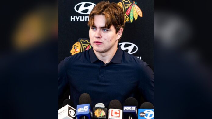 Anton Frondell Blackhawks center 2026 Anton Frondell speaks to reporters at Blackhawks end-of-season media availability