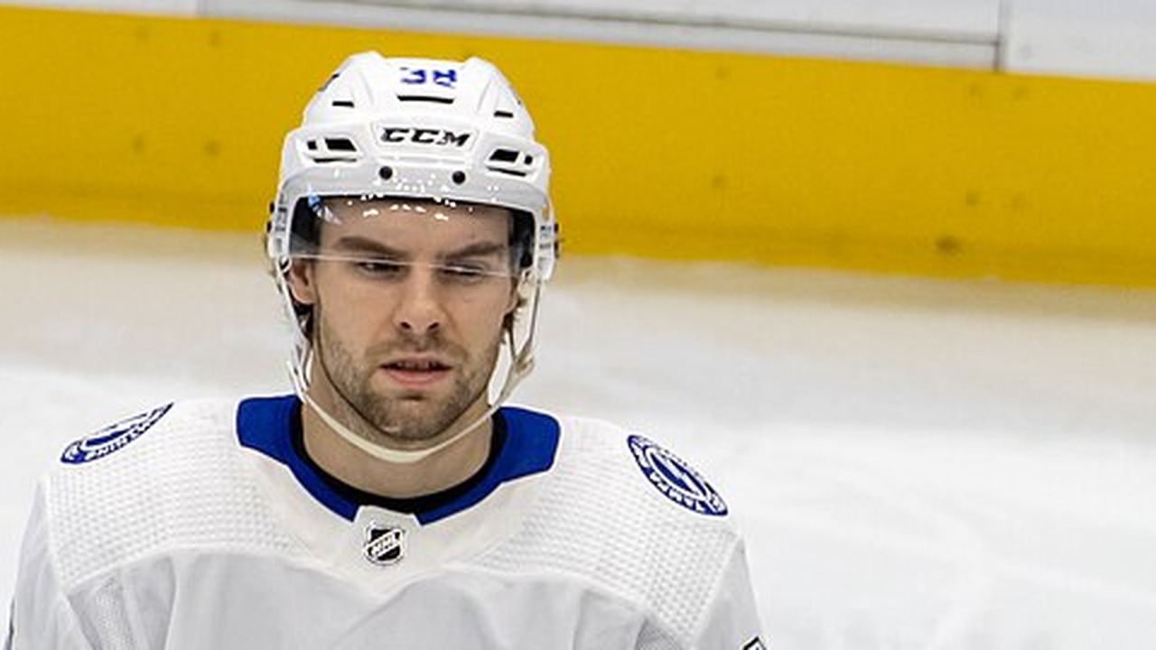 Close-up of Brandon Hagel in a Tampa Bay Lightning road sweater