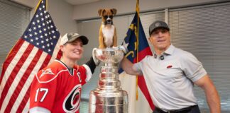 Brind’Amour Stanley Cup Day: A Puppy Sits in the Bowl Rod Brind Amour brings the Stanley Cup to the Raleigh Police Southwest District during his 2026 Stanley Cup day