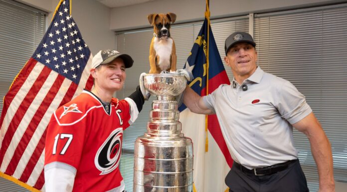 Brind’Amour Stanley Cup Day: A Puppy Sits in the Bowl Rod Brind Amour brings the Stanley Cup to the Raleigh Police Southwest District during his 2026 Stanley Cup day