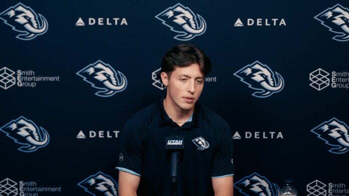 Caleb Desnoyers Utah Mammoth Utah Mammoth prospect Caleb Desnoyers speaks to media at 2026 development camp