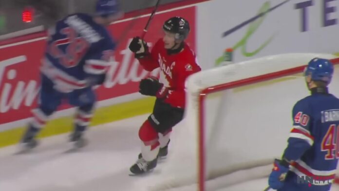 Canada World Juniors 2027 identity Carels Reschny Canada celebrates a goal against the United States at the 2026 World Junior Summer Showcase in Windsor ahead of the 2027 World Junior Championship