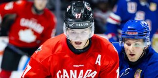 Canada World Juniors Roster Projection: Reschny, Cootes Lead Team Canada forward battles a United States player at the 2026 World Junior Summer Showcase in Windsor ahead of the 2027 World Junior Championship in Edmonton
