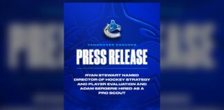 Ryan Stewart Canucks Hire: A Job That Didn’t Exist Before Vancouver Canucks press release graphic announcing the hires of Ryan Stewart as director of hockey strategy and player evaluation and Adam Sergerie as pro scout