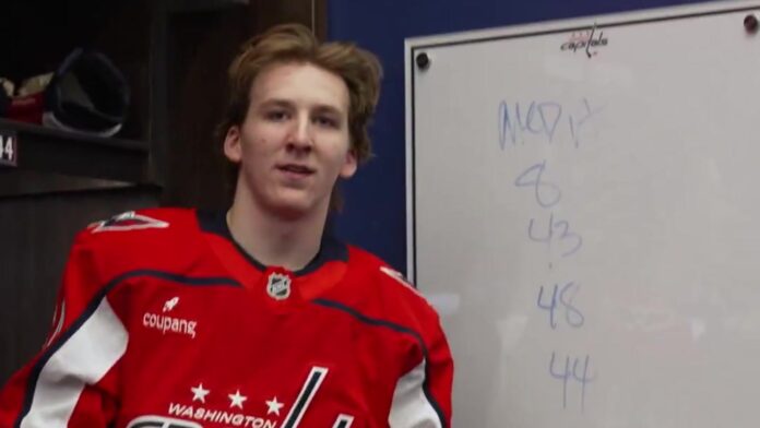 Cole Hutson after his first NHL goal with the Washington Capitals Cole Hutson of the Washington Capitals holds the puck from his first NHL goal in the locker room
