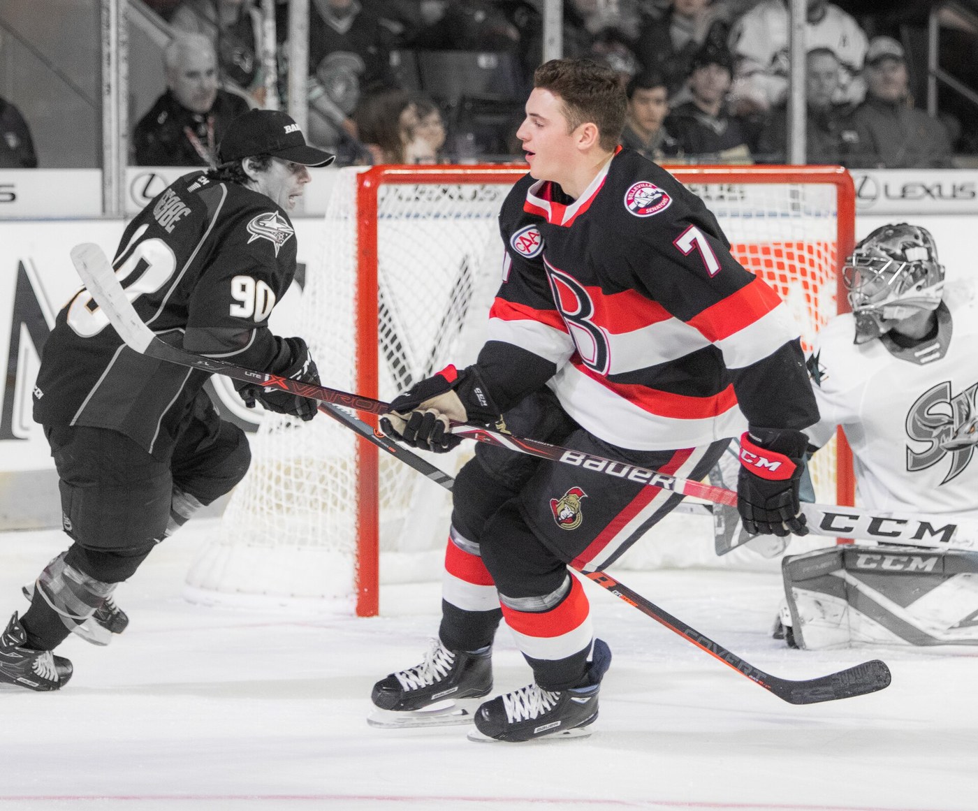 Drake Batherson in a Belleville Senators jersey in front of the net