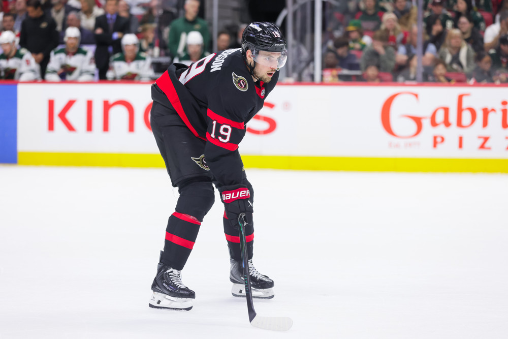 Drake Batherson of the Ottawa Senators before a face-off