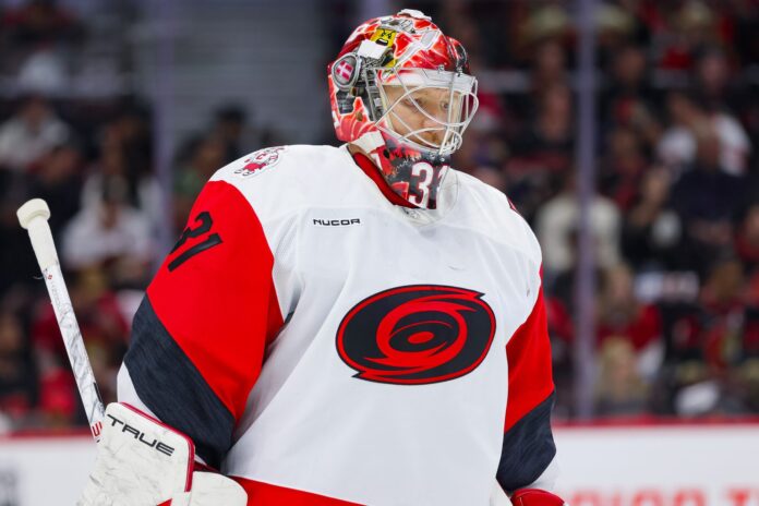 Frederik Andersen Hurricanes 2026 Playoffs Carolina Hurricanes goaltender Frederik Andersen during Game 3 of the 2026 first round against the Ottawa Senators