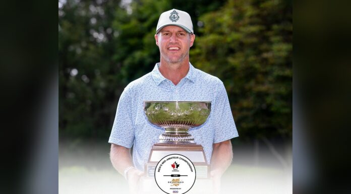 Garrett Rank Golf Title: NHL Ref Wins 4th Canadian Mid-Am NHL referee Garrett Rank holds the Canadian Mens Mid-Amateur Championship trophy at Brantford Golf and Country Club