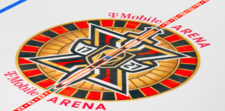 Golden Knights Center Ice Logo: Roulette Wheel for Season X Vegas Golden Knights Season X roulette wheel center ice logo at T-Mobile Arena for the 2026-27 NHL season