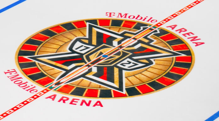 Golden Knights Enter Year 10 Having Reshaped the NHL Vegas Golden Knights Season X roulette wheel center ice logo at T-Mobile Arena for the 2026-27 NHL season