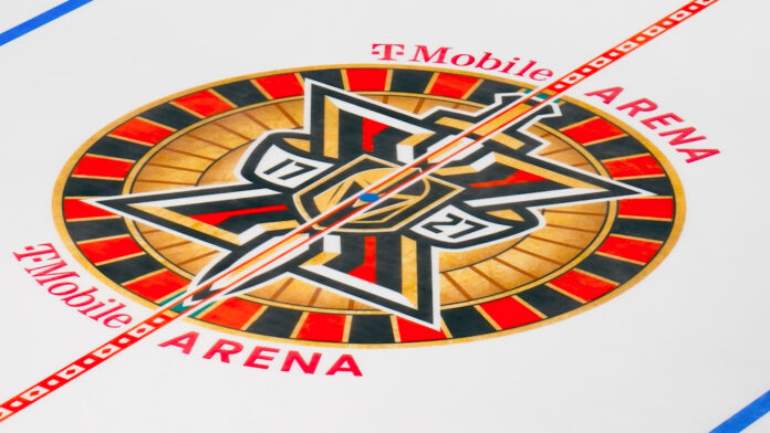golden-knights-season-x-center-ice-logo-2026 Vegas Golden Knights Season X roulette wheel center ice logo at T-Mobile Arena for the 2026-27 NHL season