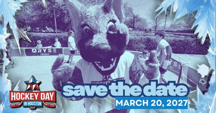 Hockey Day in Houston 2027 Save the Date Hockey Day in Houston save the date graphic announcing the March 20, 2027 event at Saint Arnold Brewing Company
