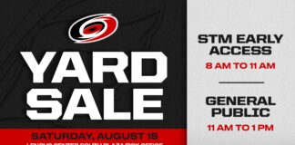 Hurricanes Yard Sale: Champs Are Short on Gear to Sell Carolina Hurricanes 2026 Yard Sale graphic for Saturday, August 15 at Lenovo Center South Plaza