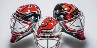 Devils Three-Goalie Plan: ‘Strike Lightning in a Bottle’ Jake Allen new New Jersey Devils goalie masks for the 2026-27 NHL season painted by Sylabrush