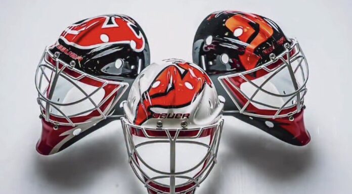 Jake Allen Masks: Devils Goalie Goes Retro for 2026-27 Jake Allen new New Jersey Devils goalie masks for the 2026-27 NHL season painted by Sylabrush