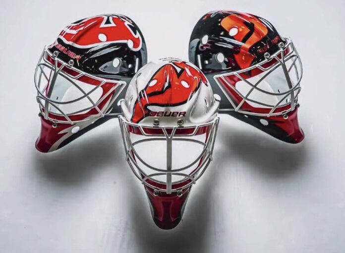 Jake Allen new New Jersey Devils goalie masks for the 2026-27 NHL season painted by Sylabrush