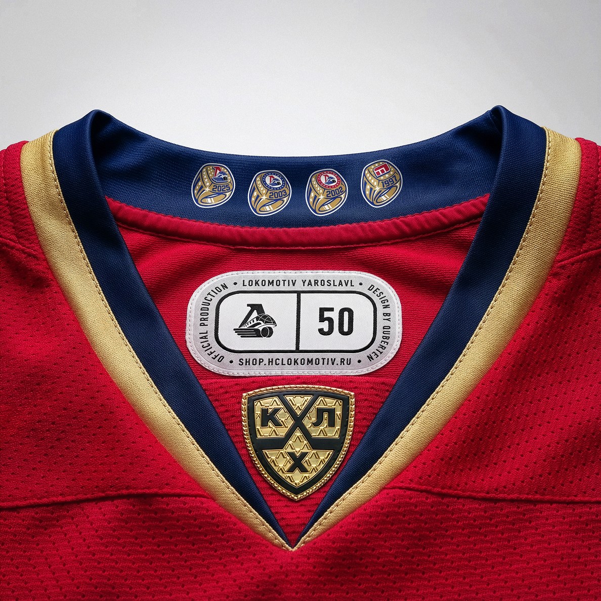 Gold KHL shield on the collar of Lokomotiv Yaroslavl championship jersey