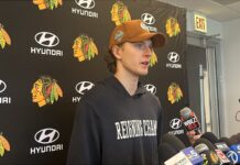 Kevin Korchinski Contract: Still Unsigned With Camp Weeks Away Kevin Korchinski speaks to reporters at the Chicago Blackhawks practice facility