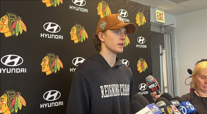 Kevin Korchinski Contract: Still Unsigned With Camp Weeks Away Kevin Korchinski speaks to reporters at the Chicago Blackhawks practice facility
