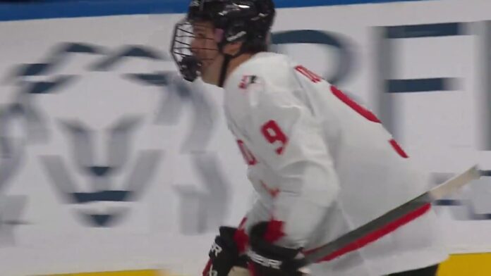 Landon DuPont Canada 2026 Hlinka Gretzky Cup vs Slovakia Landon DuPont Canada captain celebrates power-play goal at the 2026 Hlinka Gretzky Cup vs Slovakia