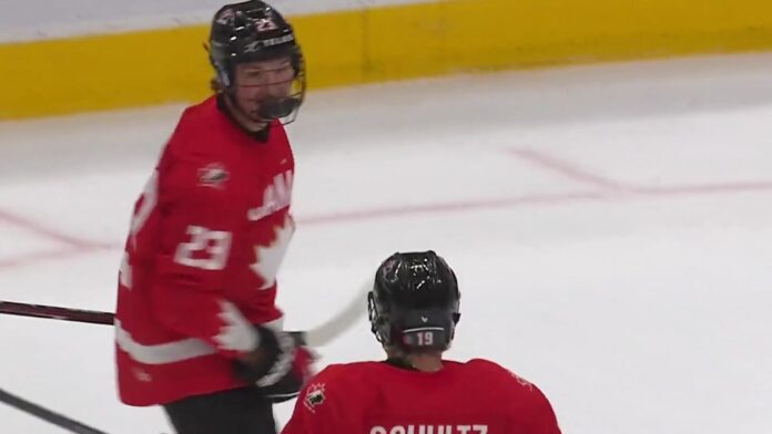 Liam Pue Canada 2026 Hlinka Gretzky Cup Liam Pue celebrates a goal for Canada at the 2026 Hlinka Gretzky Cup in Edmonton