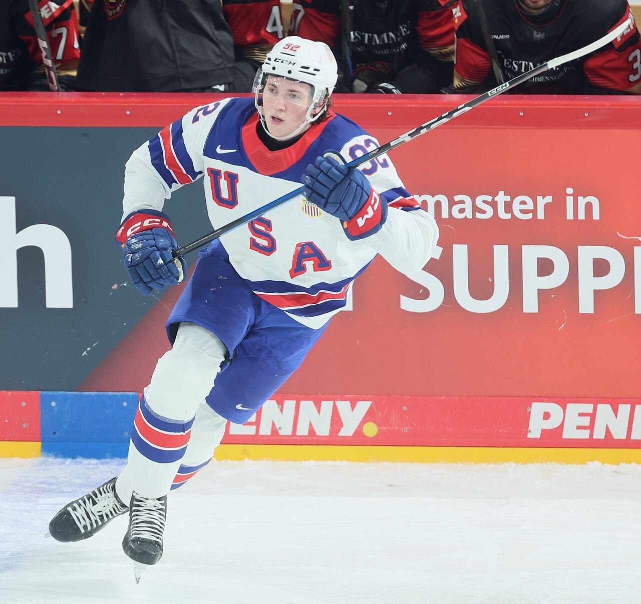 Logan Cooley skates up ice in the Team USA jersey during the May 4, 2025 exhibition against Germany