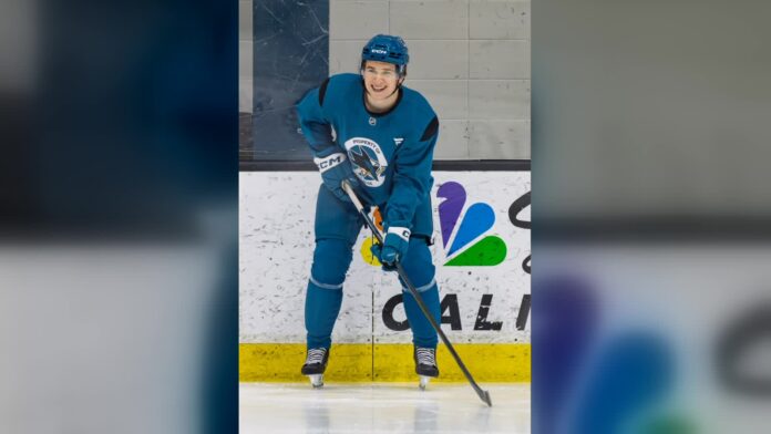 Macklin Celebrini at San Jose Sharks practice in April 2026 Macklin Celebrini smiles during a San Jose Sharks practice as he and Will Smith prepare to live together for the 2026-27 season