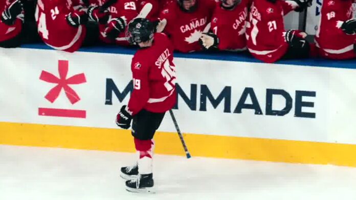 Maddox Schultz Canada 2026 Hlinka Gretzky Cup gold medal game Maddox Schultz celebrates a goal for Canada at the 2026 Hlinka Gretzky Cup, a top prospect for the 2028 NHL Draft