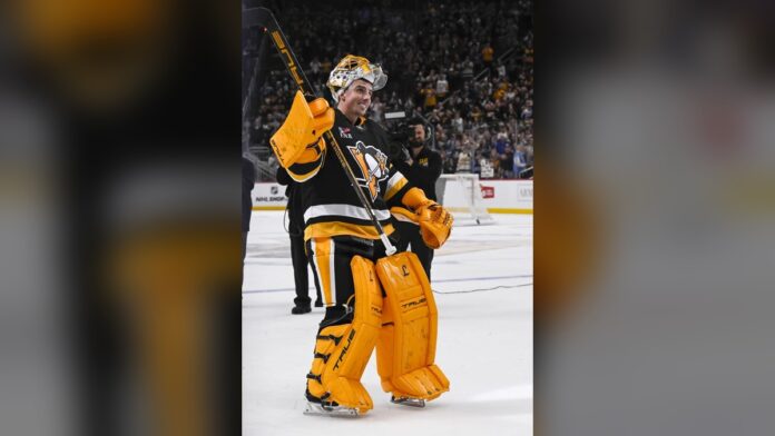 marc-andre-fleury-penguins-hall-of-fame-2026 Marc-Andre Fleury Penguins Hall of Fame Class of 2026 waves to fans at PPG Paints Arena