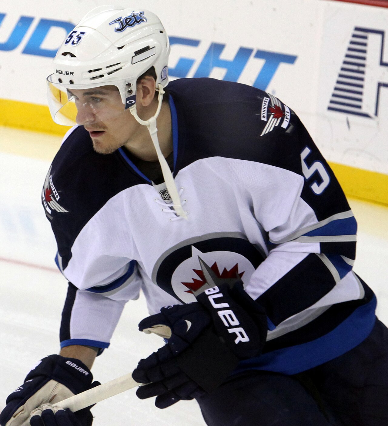 Mark Scheifele wearing number 55 in the white Winnipeg Jets road sweater in October 2014