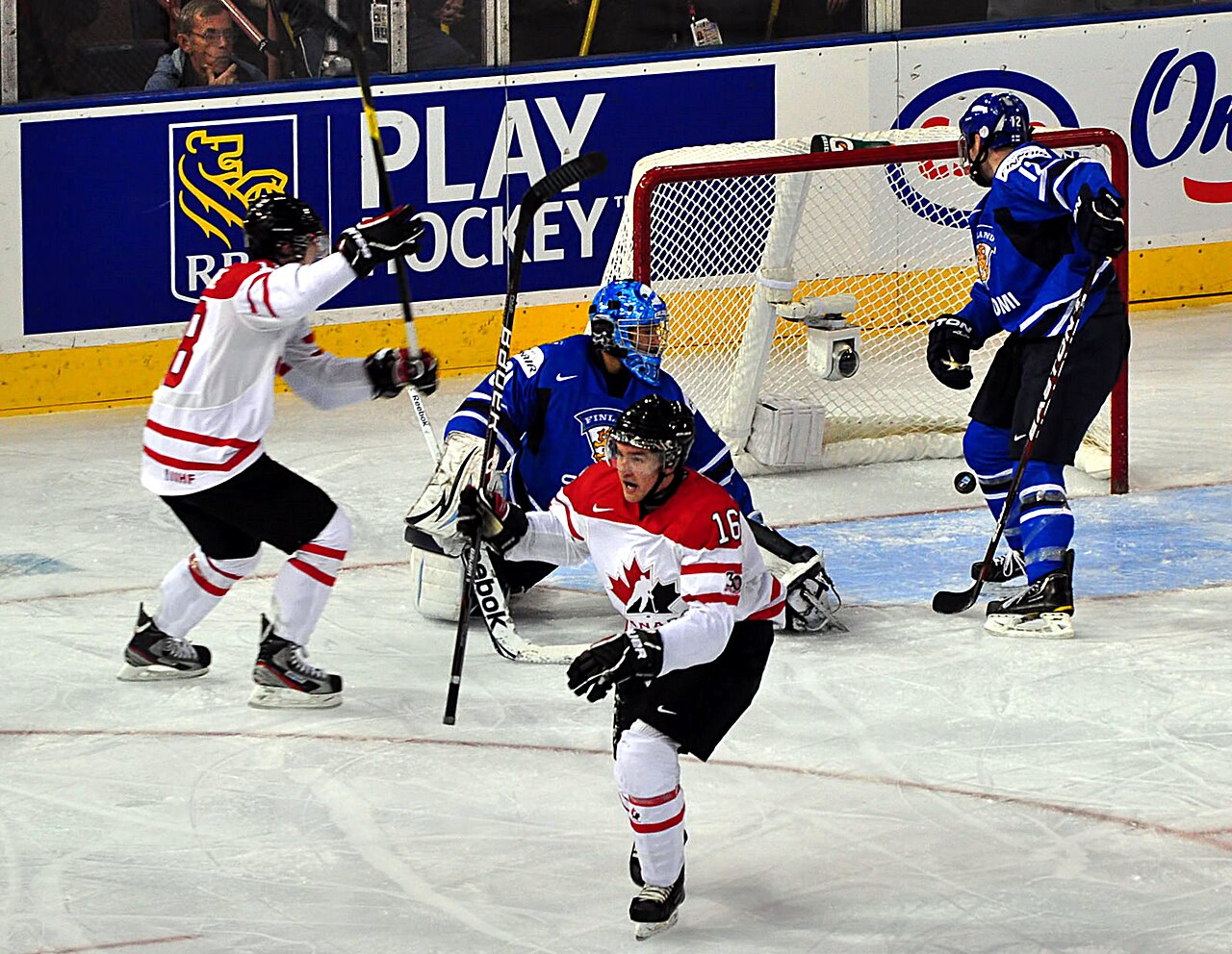 Mark Stone wearing No. 16 for Canada celebrates a goal against Finland at the 2012 World Junior Championship in Edmonton