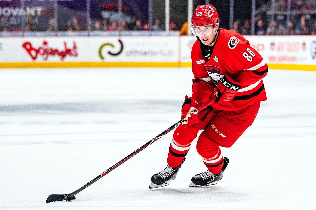 Martin Necas carries the puck for the Charlotte Checkers in the 2019 Calder Cup Finals