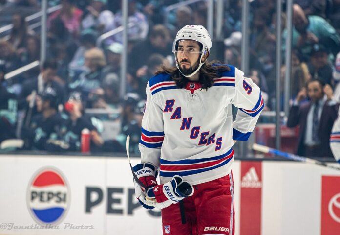 New York Rangers center Mika Zibanejad on the ice in 2023
